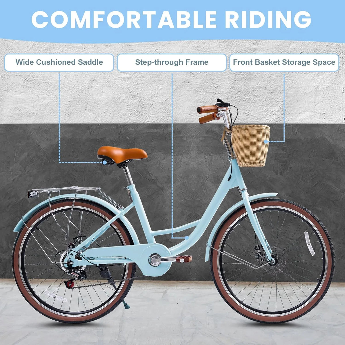 26 Vélos de Plage pour Femme, Vélos Pipleo pour Femme avec Panier en Rotin, 7 Vitesses & Cadre Ouvert