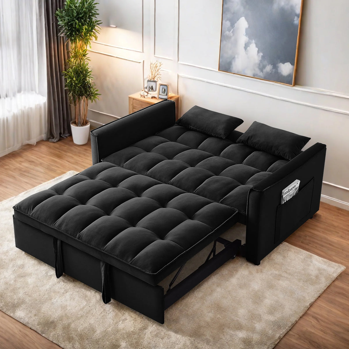 Canapé convertible, canapé-lit 3-en-1 avec lit gigogne, canapé 2 places futon avec dossier réglable et coussins pour salon, noir
