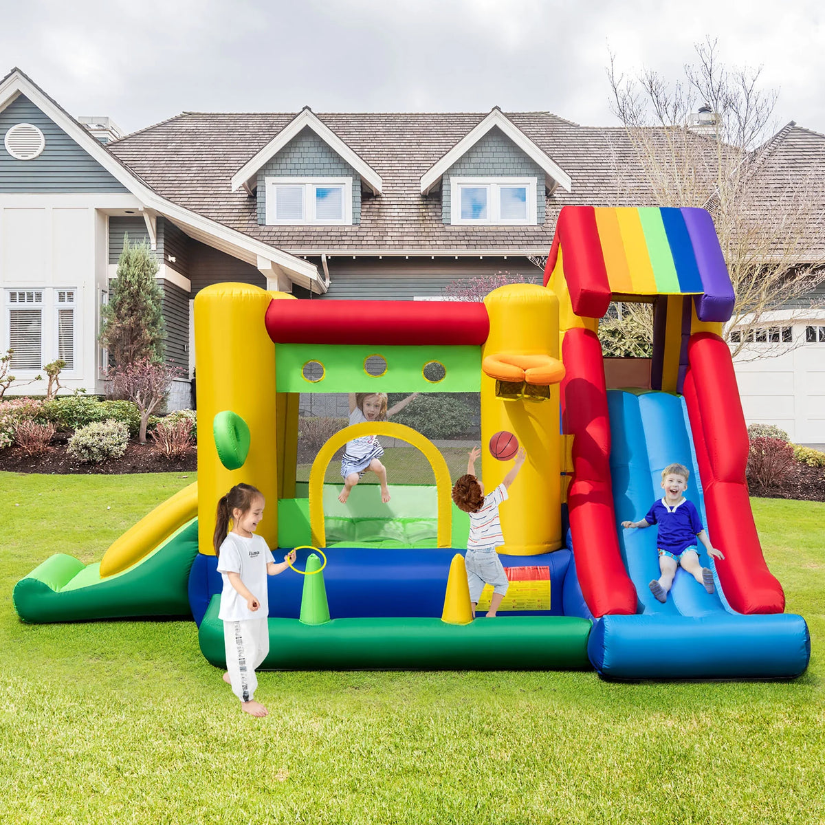 Château gonflable arc-en-ciel Costway pour enfants avec 50 balles et souffleur 735W