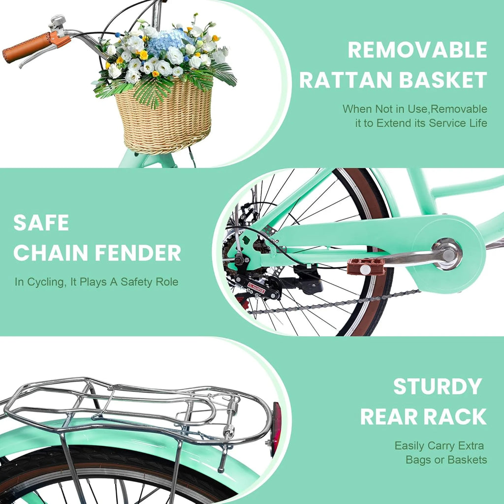 26 Vélos de Plage pour Femme, Vélos Pipleo pour Femme avec Panier en Rotin, 7 Vitesses & Cadre Ouvert