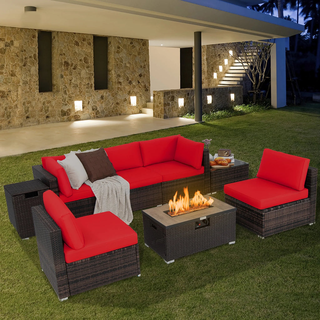 Costway Salon de Jardin en Rotin 8 Pièces avec Table Brasero et Couvercle Noir pour Terrasse