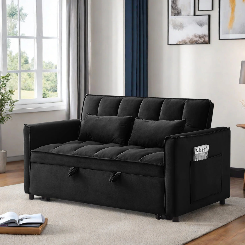 Canapé convertible, canapé-lit 3-en-1 avec lit gigogne, canapé 2 places futon avec dossier réglable et coussins pour salon, noir