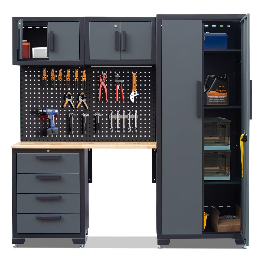 Système d'armoires de rangement de garage HPDMC, ensemble d'atelier de 7 pièces, système d'armoires de garage en métal avec tiroirs en acier, établi et panneau perforé pour l'organisation des outils de garage