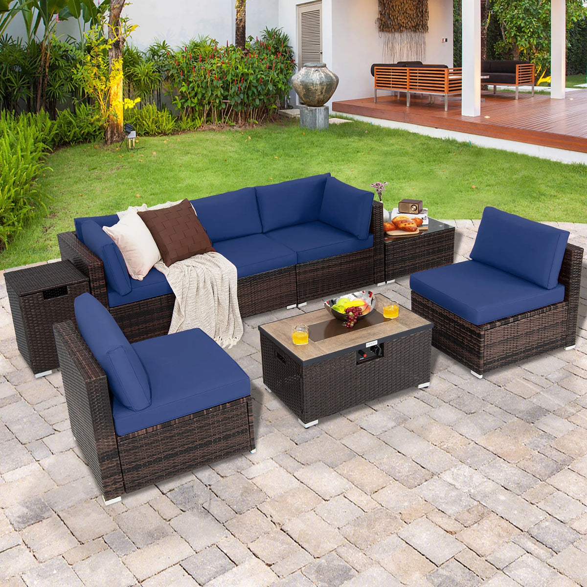 Costway Salon de Jardin en Rotin 8 Pièces avec Table Brasero et Couvercle Noir pour Terrasse