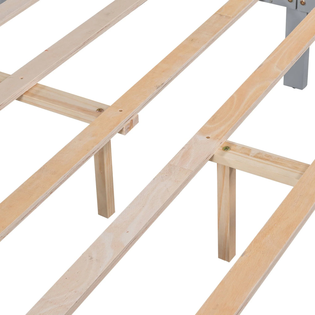 Cadre de lit plateforme avec rangement et tête de lit, cadre de lit double en bois de pin pour chambre, style moderne, avec tiroirs, lattes en bois, support jusqu’à 181 kg, sans sommier requis, gris