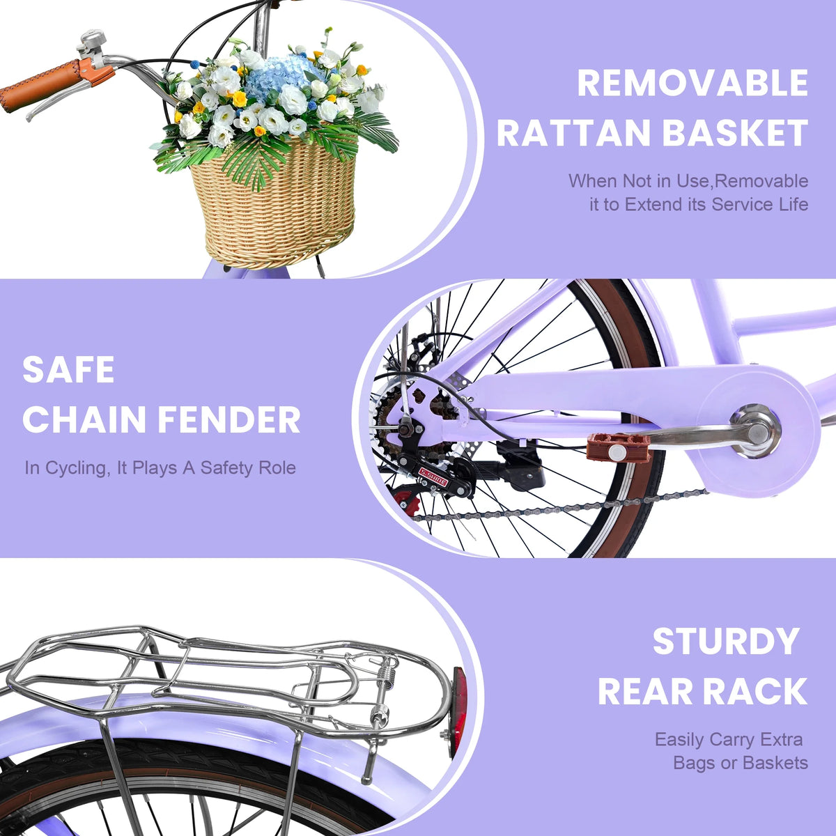 26 Vélos de Plage pour Femme, Vélos Pipleo pour Femme avec Panier en Rotin, 7 Vitesses & Cadre Ouvert
