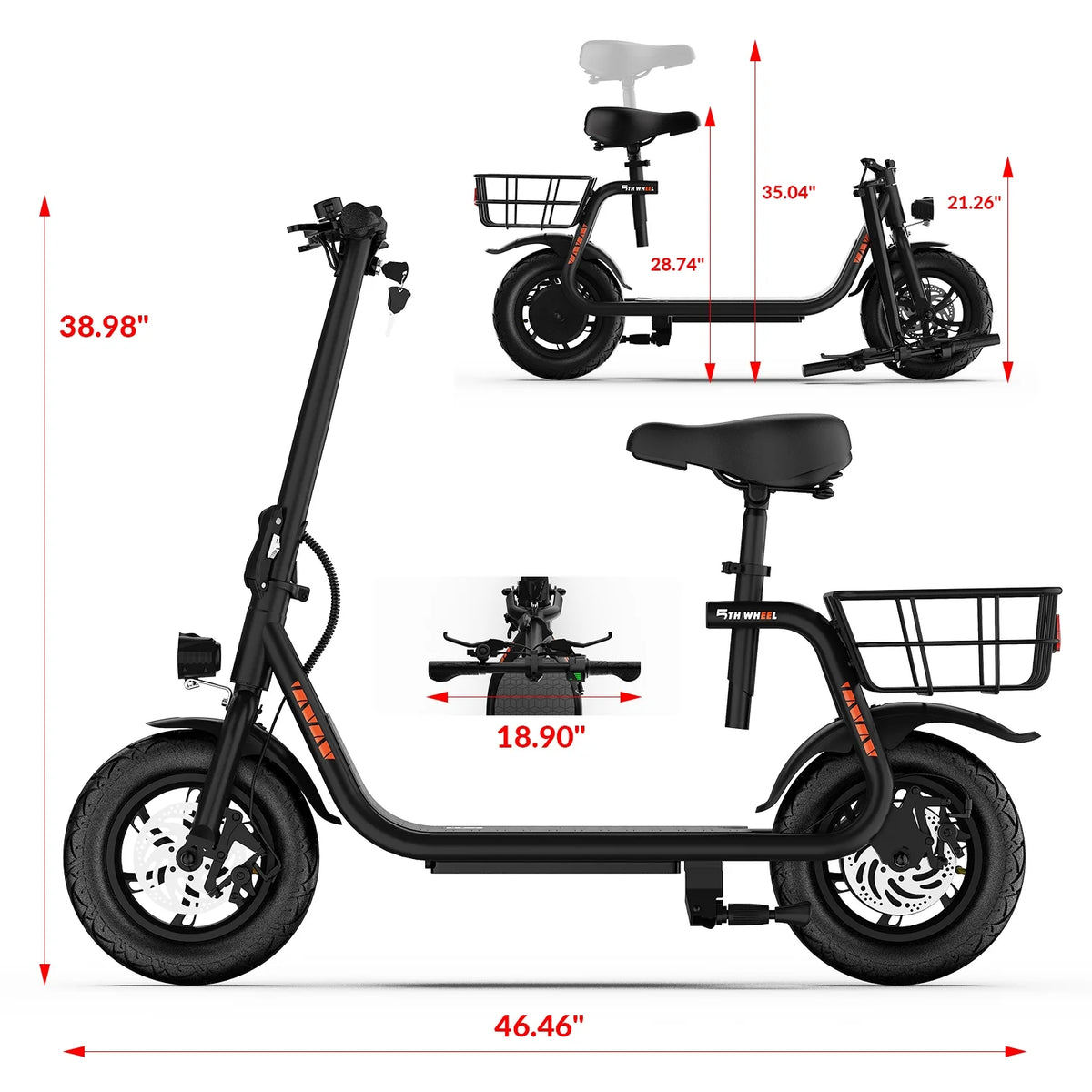 Trottinette électrique 5TH WHEEL W18S 450W pour adultes avec siège et panier de transport, 36V, 20 miles d'autonomie et 15,5 mi/h, trottinette pliable 12 pour les trajets quotidiens
