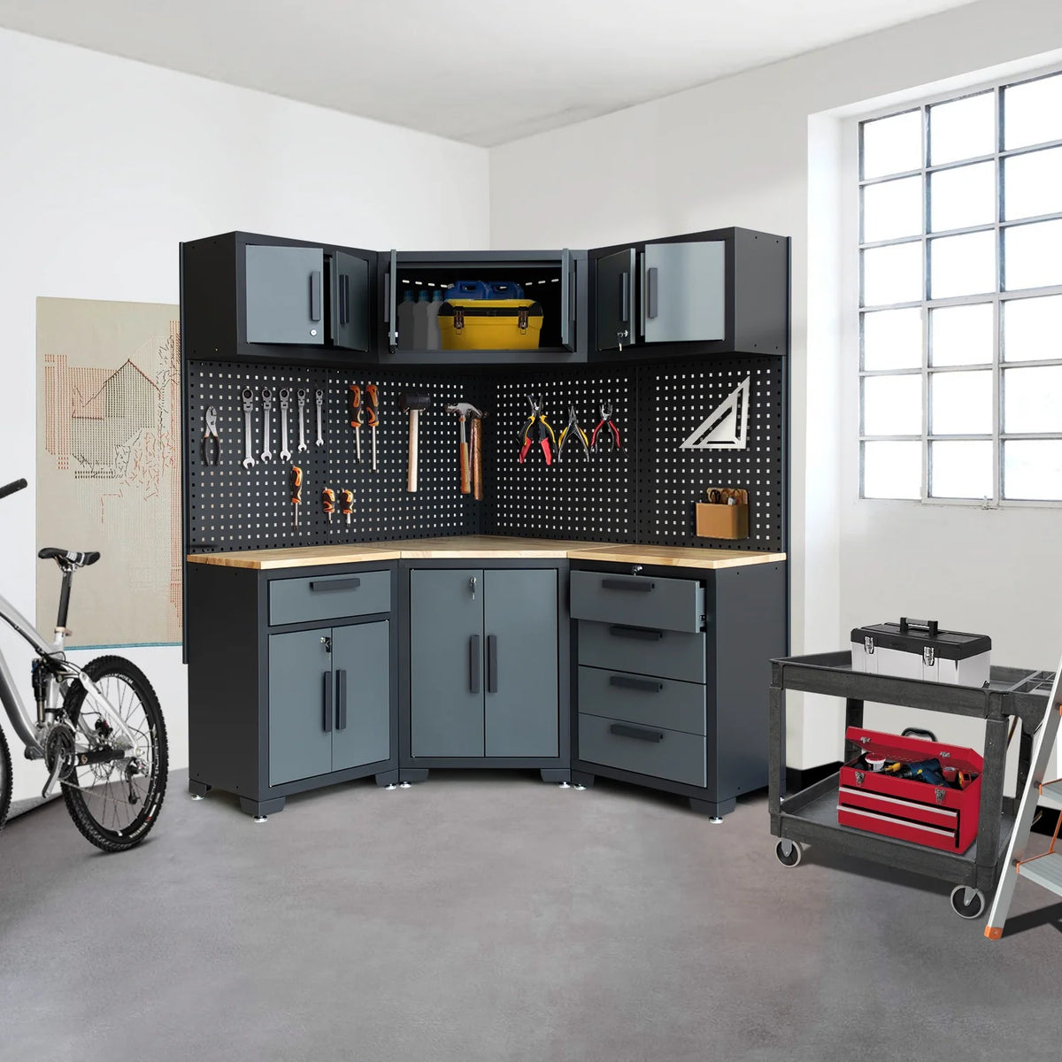 Système d'armoires de rangement de garage HPDMC, ensemble d'atelier de 7 pièces, système d'armoires de garage en métal avec tiroirs en acier, établi et panneau perforé pour l'organisation des outils de garage