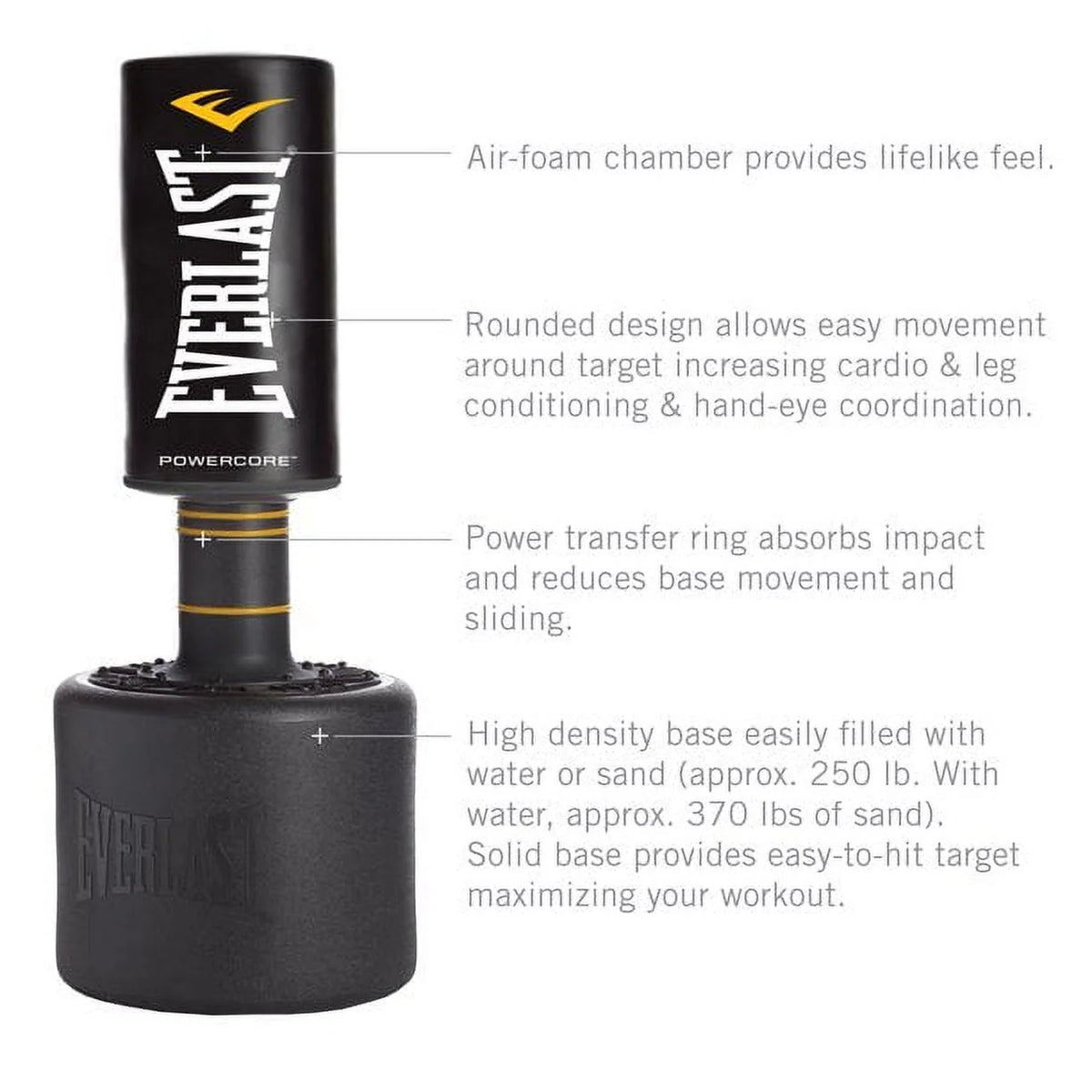 Sac de fitness d’entraînement robuste Everlast Powercore, autoportant, pour usage intérieur, de forme arrondie