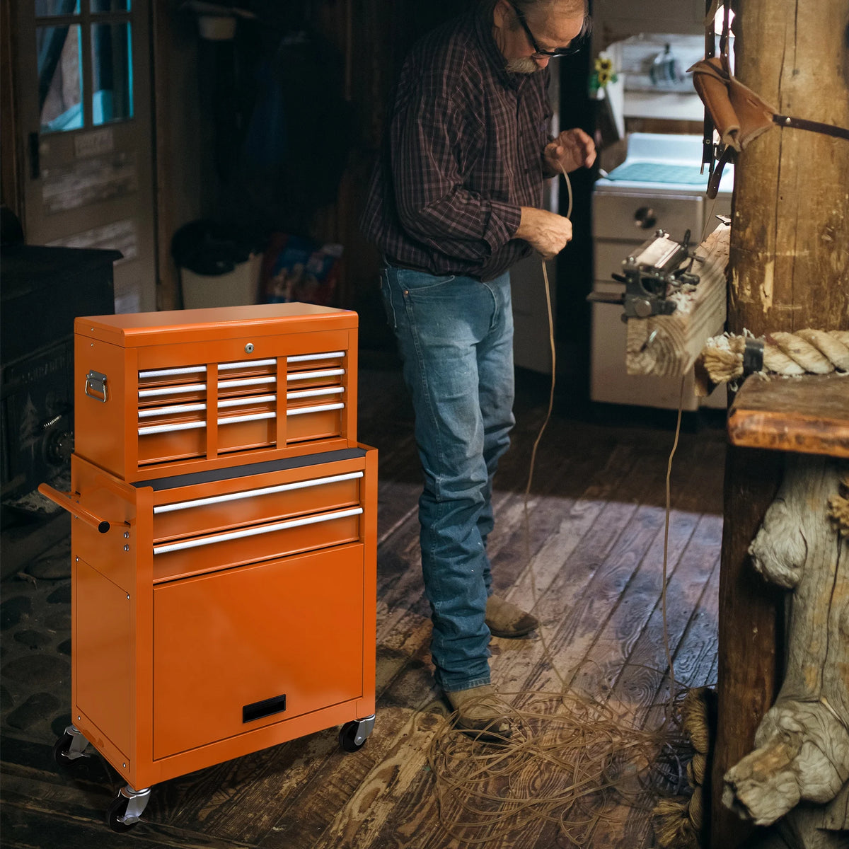 Seizeen 2-EN-1 Coffre et armoire à outils, grand organisateur de boîte à outils sur roulettes à 8 tiroirs de grande capacité, verrouillable, noir