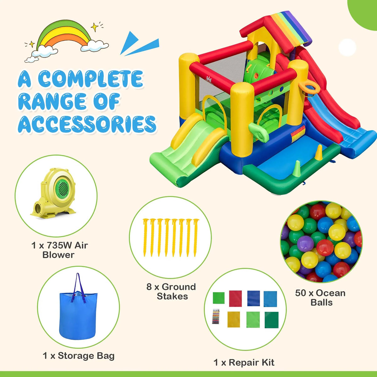 Château gonflable arc-en-ciel Costway pour enfants avec 50 balles et souffleur 735W