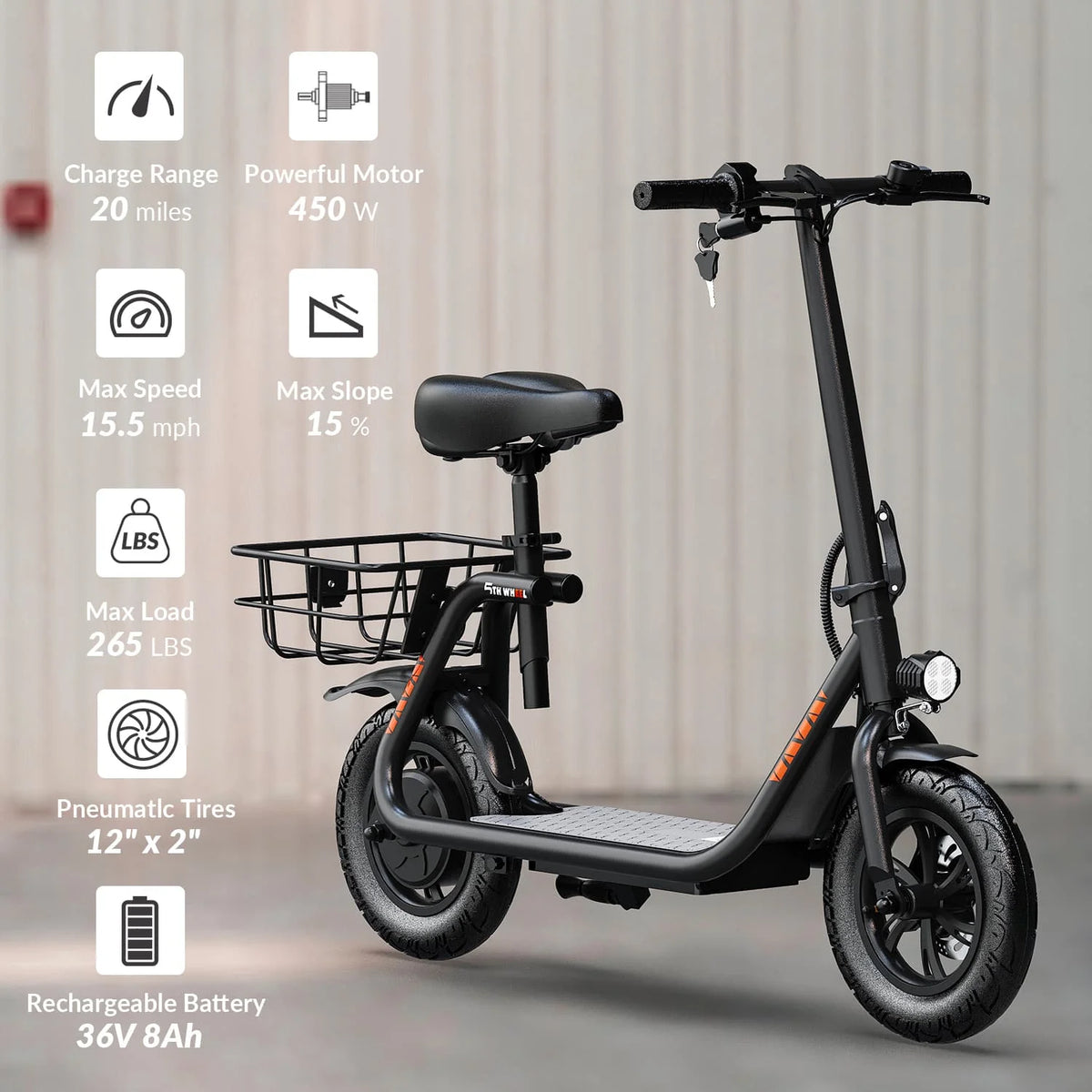 Trottinette électrique 5TH WHEEL W18S 450W pour adultes avec siège et panier de transport, 36V, 20 miles d'autonomie et 15,5 mi/h, trottinette pliable 12 pour les trajets quotidiens
