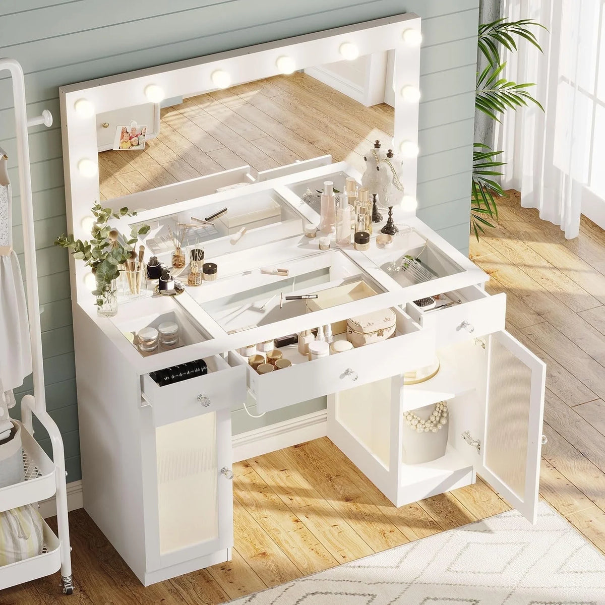 Coiffeuse ABOVOBA avec miroir et éclairage, 3 tiroirs et prise électrique, pour femme, blanche