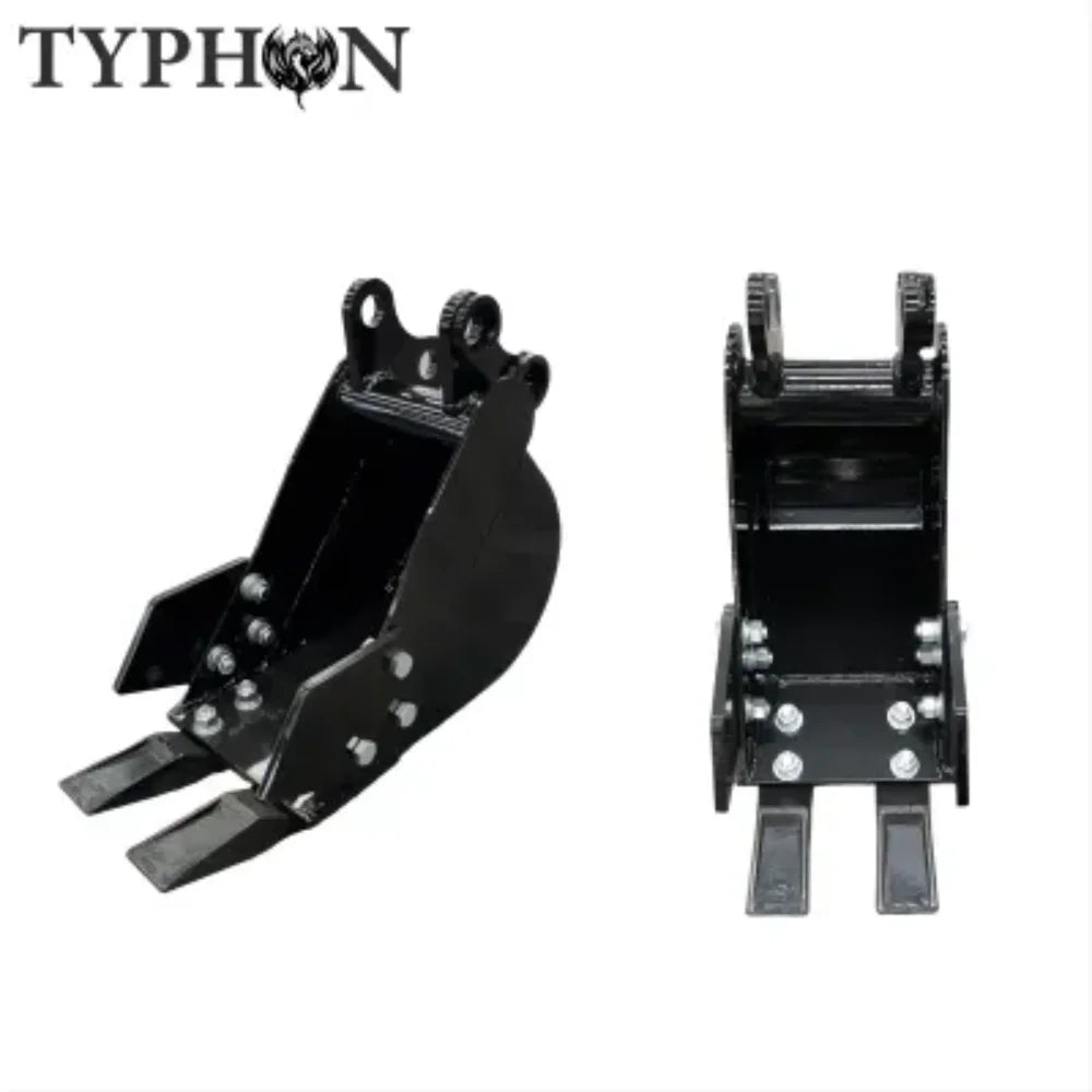 TYPHON Ensemble d’accessoires 10-en-1 pour mini-pelle C Coupleur rapide, Godets, Griffe, Déracineur, Foreuse, Pince, Godet basculant & Marteau hydraulique C Convient aux pelles de 0,6 à 2 tonnes, Kit d’outils robuste