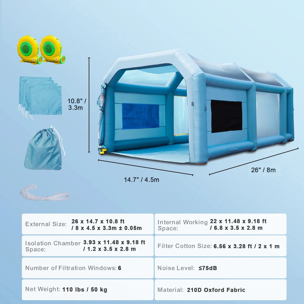 Cabine de peinture gonflable BENTISM 26x15x11 pieds, tente gonflable pour peinture automobile avec système de filtration et souffleries de 750W + 950W