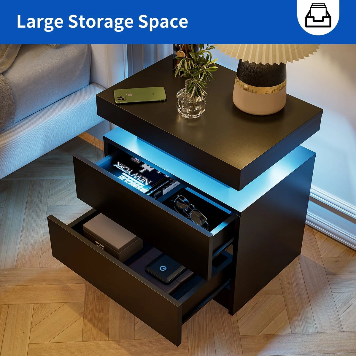 Lot de 2 tables de chevet LED, table de nuit moderne avec espace de rangement à 2 tiroirs, éclairage LED à couleurs réglables, noir
