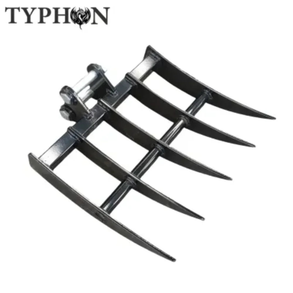 TYPHON Ensemble d’accessoires 10-en-1 pour mini-pelle C Coupleur rapide, Godets, Griffe, Déracineur, Foreuse, Pince, Godet basculant & Marteau hydraulique C Convient aux pelles de 0,6 à 2 tonnes, Kit d’outils robuste