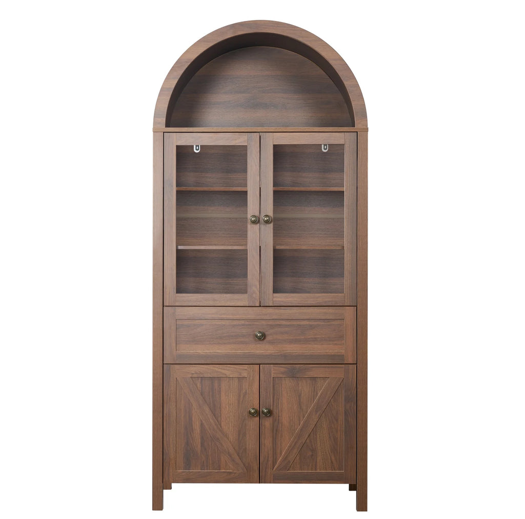 Bibliothèque arquée Lisonu 72 avec portes, vitrine haute en dôme avec rangement pour salon ou bureau à domicile, naturel