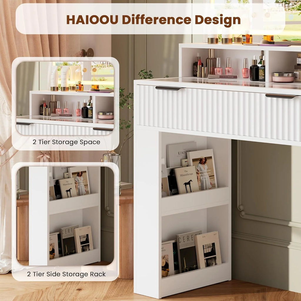 Ensemble coiffeuse avec miroirs et éclairage réglable, coiffeuse avec prise électrique pour chambre ou dressing, blanc