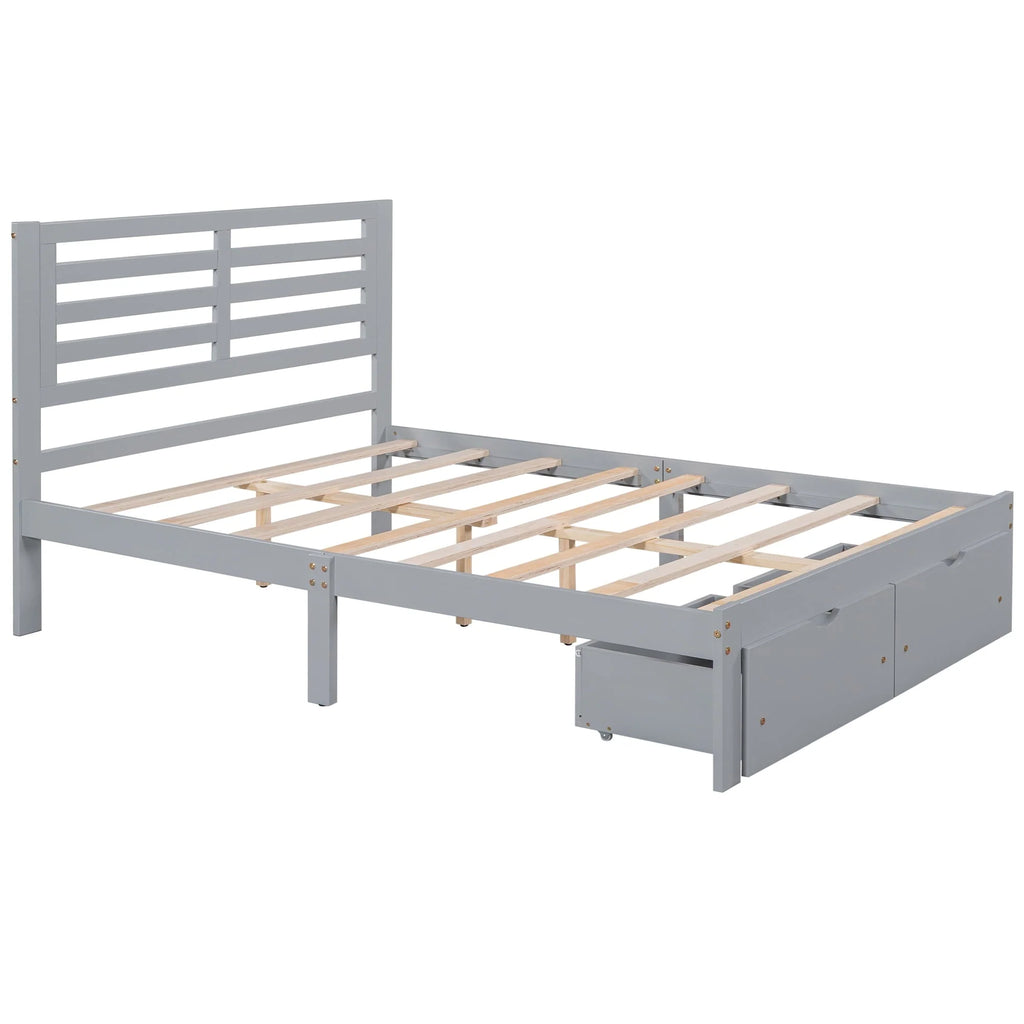 Cadre de lit plateforme avec rangement et tête de lit, cadre de lit double en bois de pin pour chambre, style moderne, avec tiroirs, lattes en bois, support jusqu’à 181 kg, sans sommier requis, gris