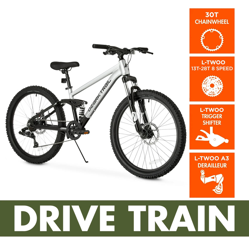 24 Ozark Trail FS.1 Epictrail Vélo tout-terrain à suspension intégrale, Pour adolescents et adultes, Tailles entre 4'6-5'6, Argent