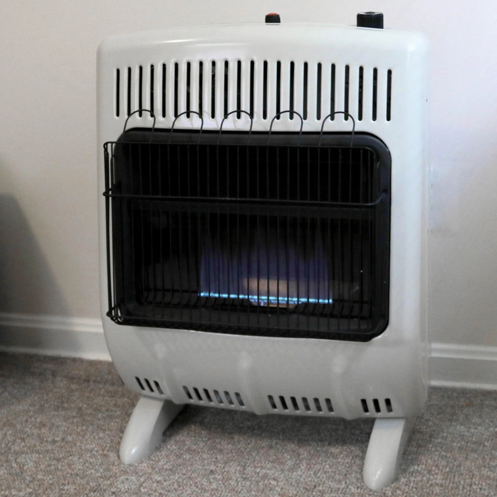 Chauffage au propane sans évacuation à flamme bleue Mr. Heater MHVFBF20LPT 20 000 BTU pour chambres froides, extensions, vérandas, cabanes et garages - Blanc