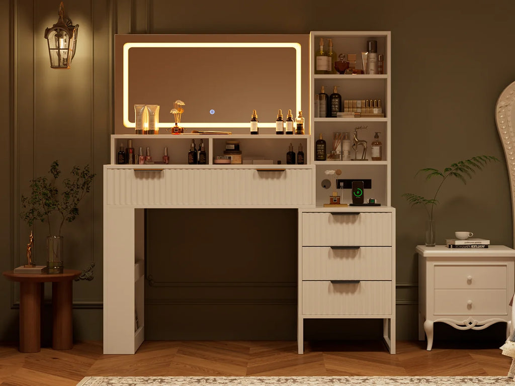 Ensemble coiffeuse avec miroirs et éclairage réglable, coiffeuse avec prise électrique pour chambre ou dressing, blanc
