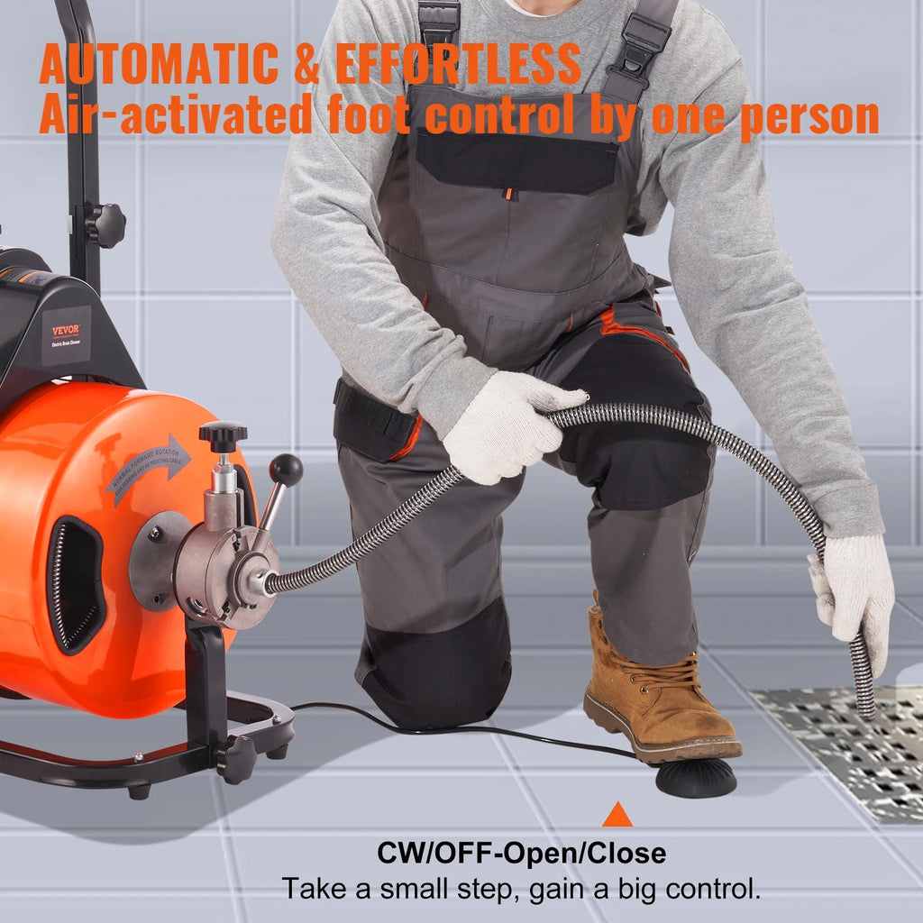 Déboucheur de canalisations VEVOR 30,5 m x 1/2 pouce, furet de canalisation à alimentation automatique avec 4 fraises et pédale de commande à air pour 1 à 4 tuyaux, orange, noir