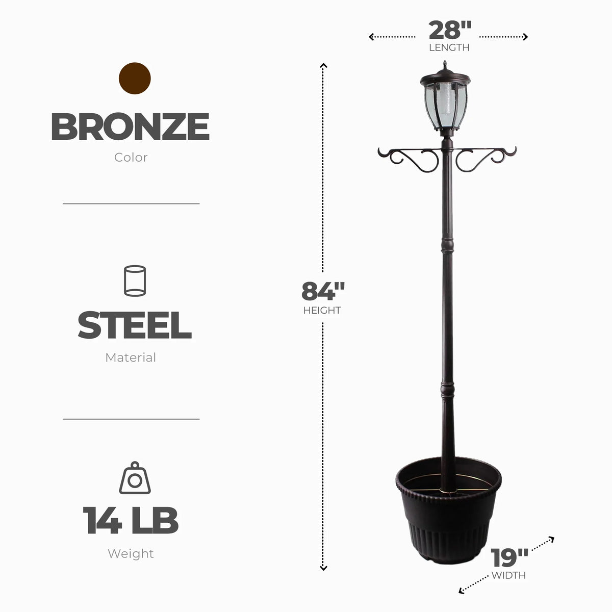 Lampadaire solaire à tête unique et jardinière Sun-Ray Kenwick de 7 pieds, bronze