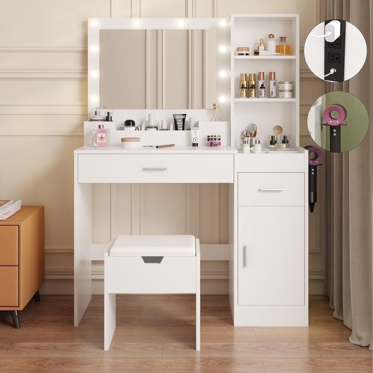 Ensemble coiffeuse avec miroirs et éclairage réglable, coiffeuse avec prise électrique pour chambre ou dressing, blanc