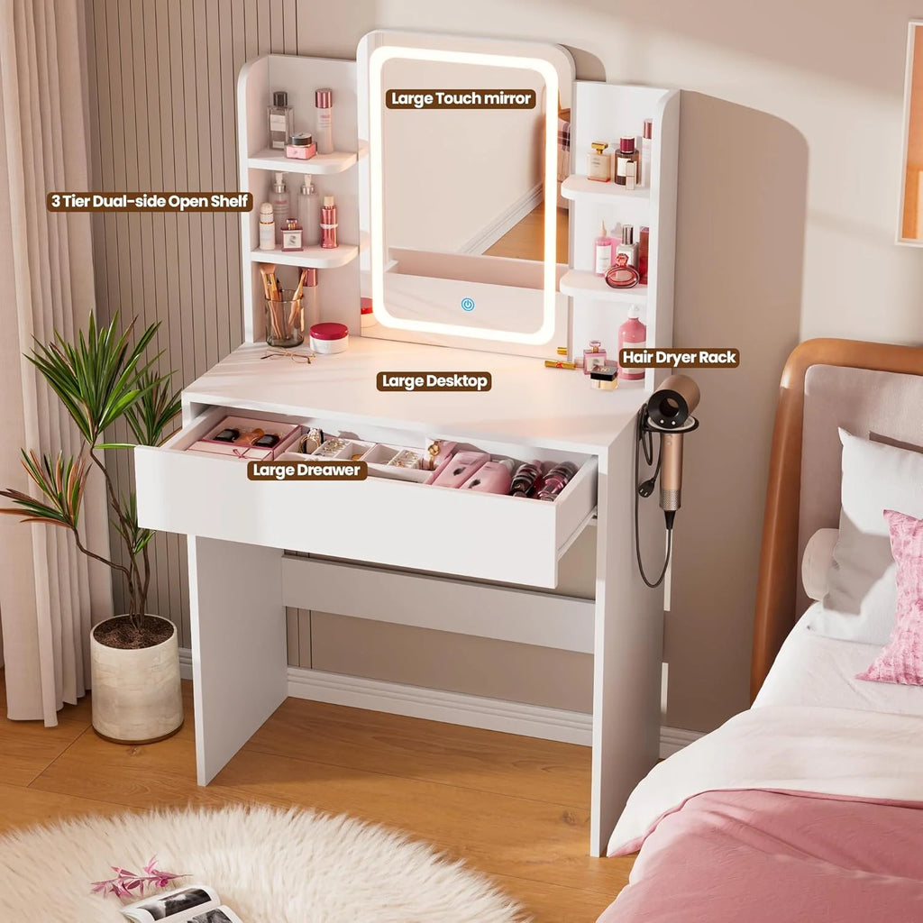 Ensemble coiffeuse avec miroirs et éclairage réglable, coiffeuse avec prise électrique pour chambre ou dressing, blanc