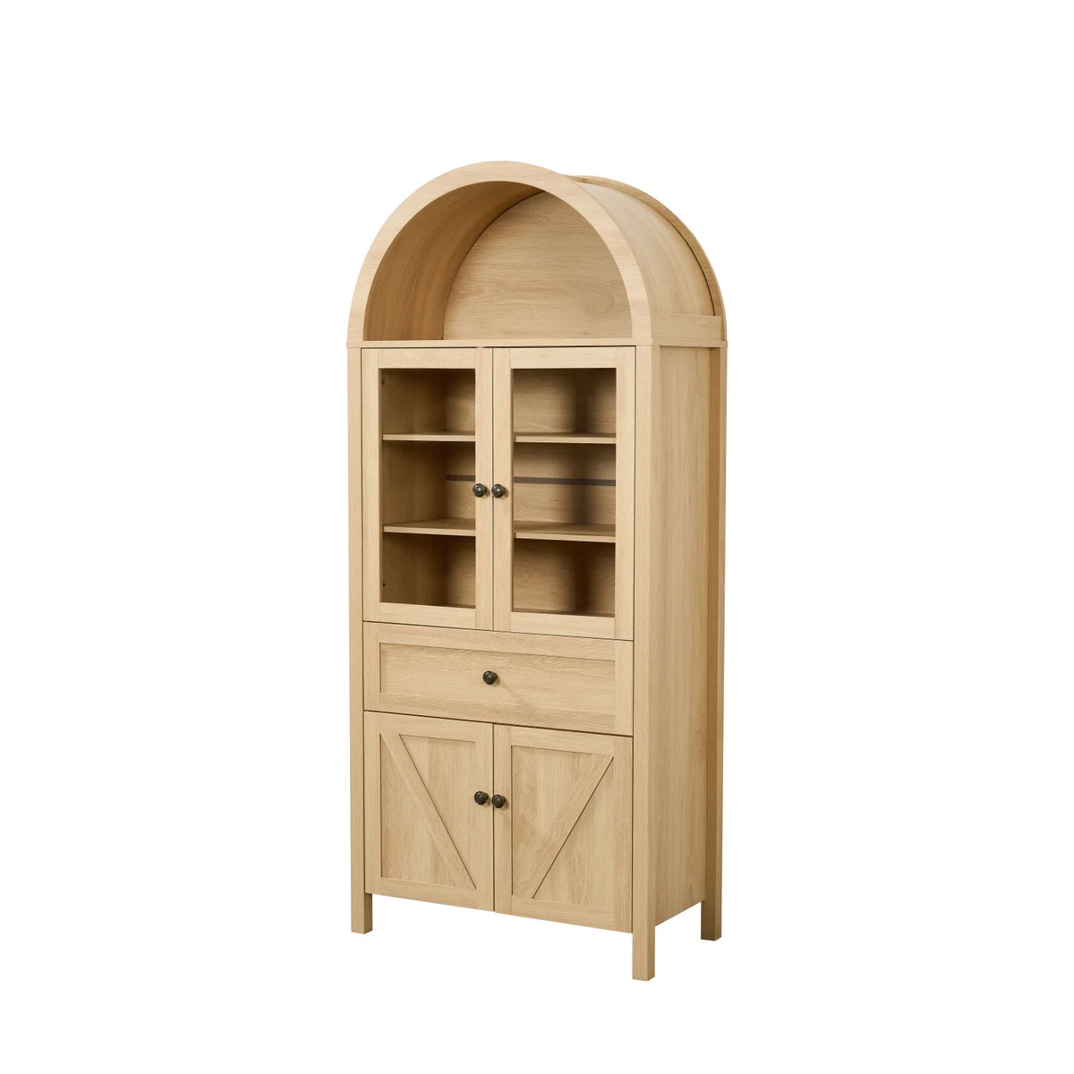 Bibliothèque arquée Lisonu 72 avec portes, vitrine haute en dôme avec rangement pour salon ou bureau à domicile, naturel