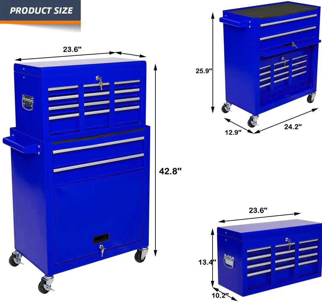 Seizeen 2-EN-1 Coffre et armoire à outils, grand organisateur de boîte à outils sur roulettes à 8 tiroirs de grande capacité, verrouillable, noir