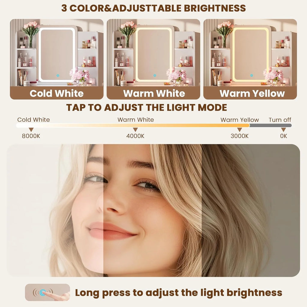 Ensemble coiffeuse avec miroirs et éclairage réglable, coiffeuse avec prise électrique pour chambre ou dressing, blanc