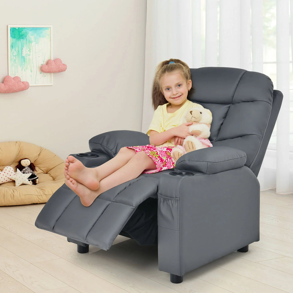 Fauteuil inclinable pour enfant et adolescent Costway en similicuir PU avec porte-gobelets et poches latérales, gris