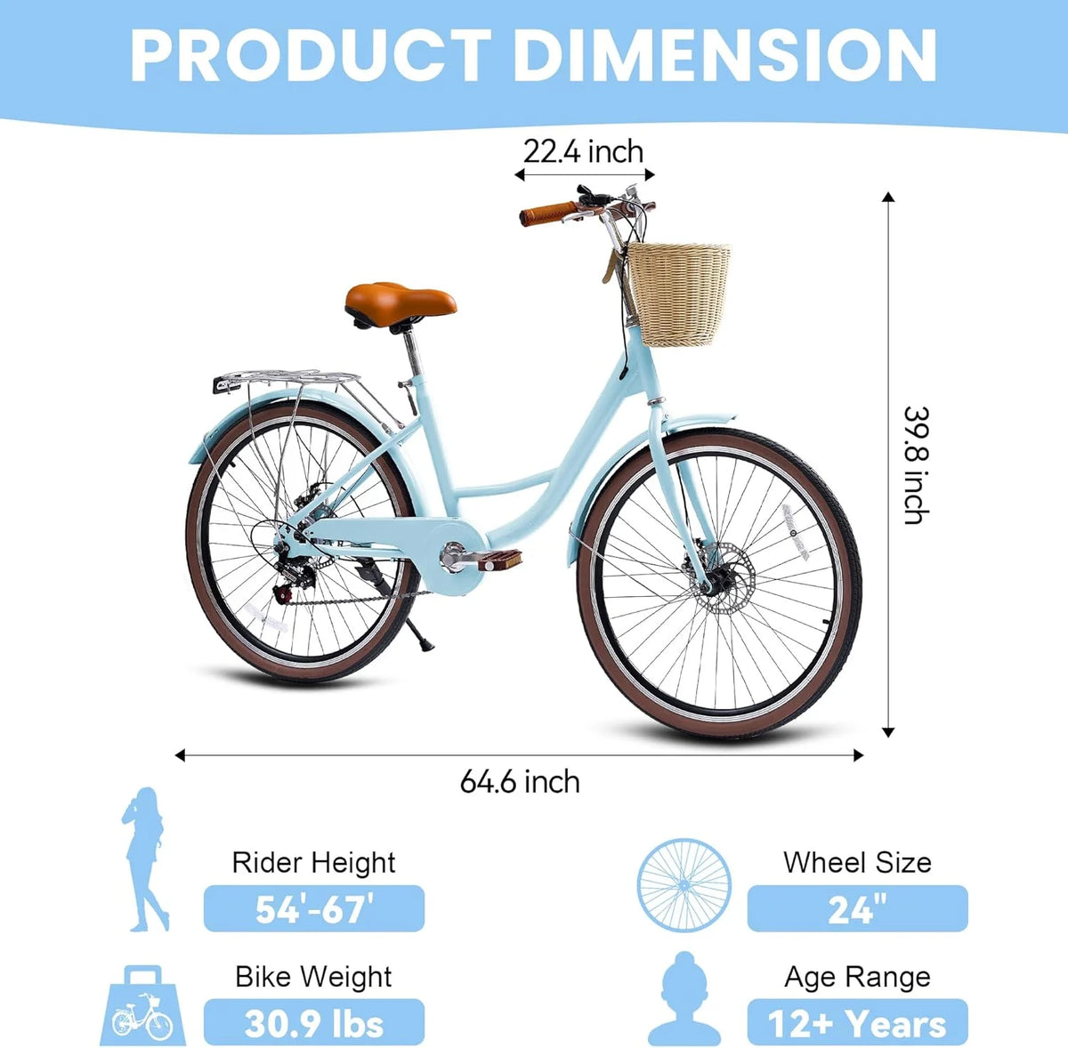 26 Vélos de Plage pour Femme, Vélos Pipleo pour Femme avec Panier en Rotin, 7 Vitesses & Cadre Ouvert