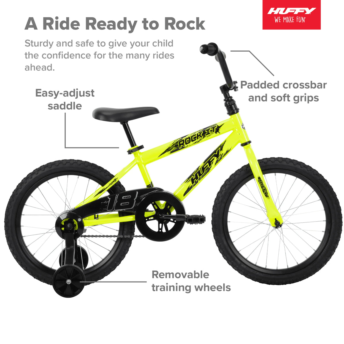 Vélo pour enfant Rock It Boy 18 po, jaune poudré fluo