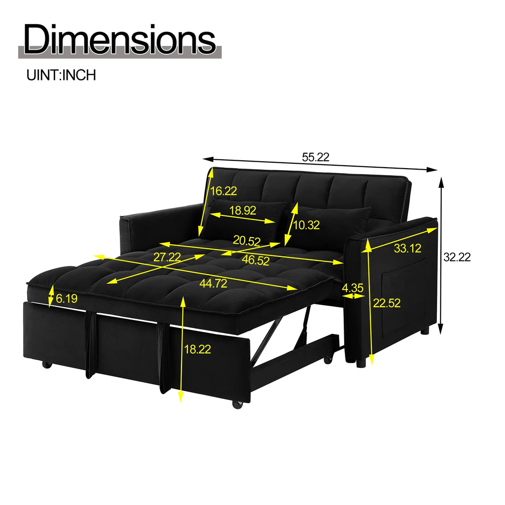 Canapé convertible, canapé-lit 3-en-1 avec lit gigogne, canapé 2 places futon avec dossier réglable et coussins pour salon, noir