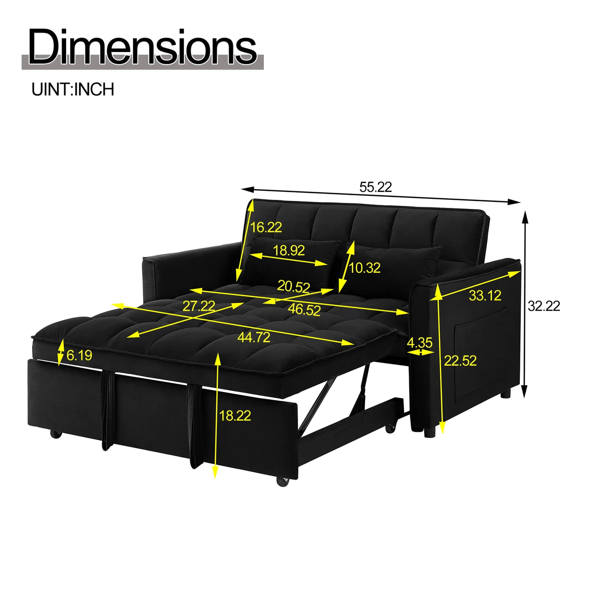 Canapé convertible, canapé-lit 3-en-1 avec lit gigogne, canapé 2 places futon avec dossier réglable et coussins pour salon, noir