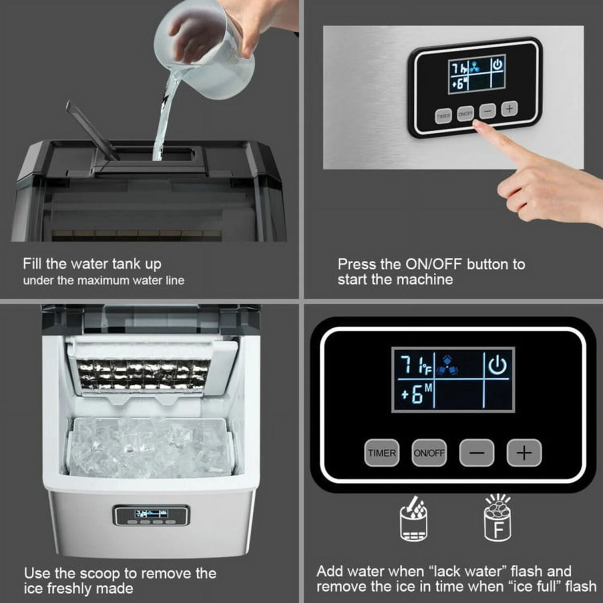 Machine à glaçons Resenkos, machine à glaçons en acier inoxydable de 48 lb avec fonction d’autonettoyage et écran LCD