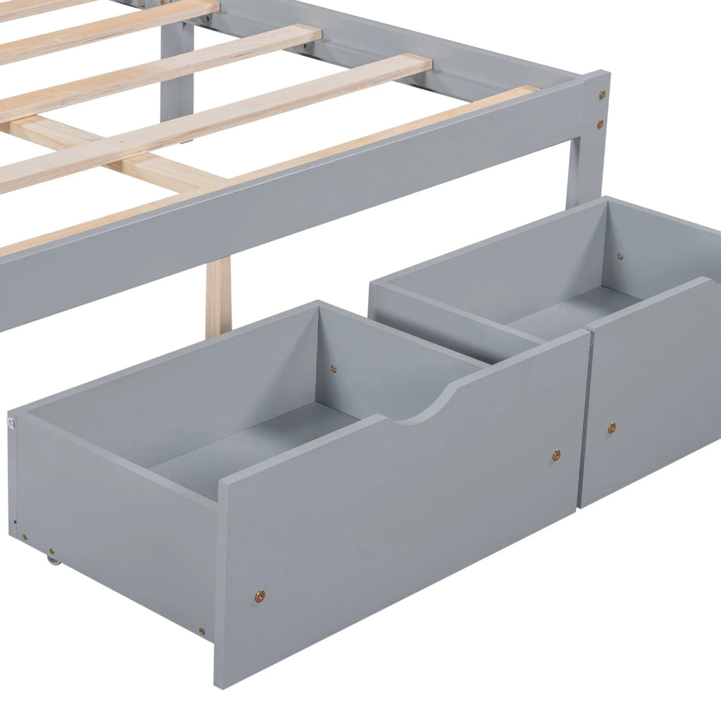 Cadre de lit plateforme avec rangement et tête de lit, cadre de lit double en bois de pin pour chambre, style moderne, avec tiroirs, lattes en bois, support jusqu’à 181 kg, sans sommier requis, gris
