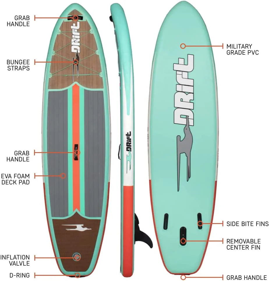Planche de stand-up paddle gonflable Drift Aero - Planche de SUP et accessoires, y compris pompe, pagaie et plus encore - Motif bois classique, pour adulte, 10'8