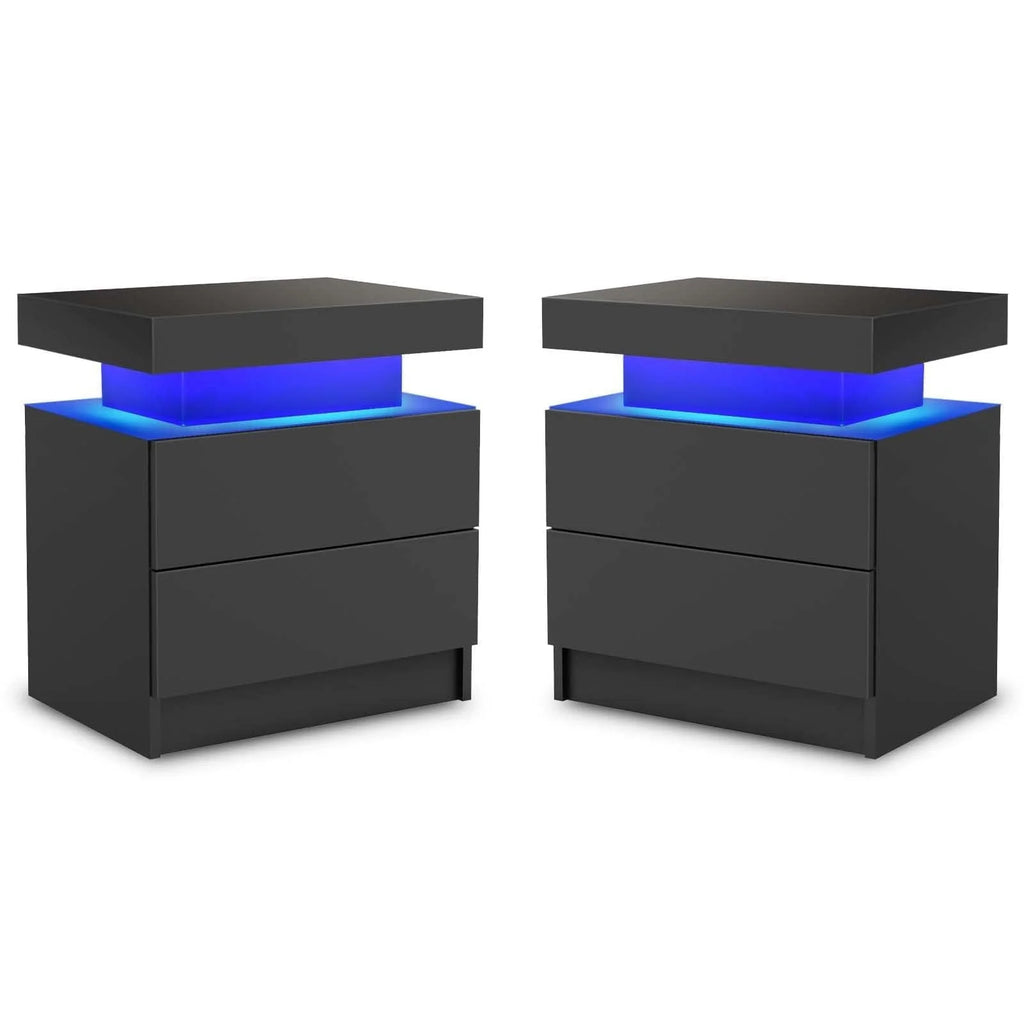Lot de 2 tables de chevet LED, table de nuit moderne avec espace de rangement à 2 tiroirs, éclairage LED à couleurs réglables, noir