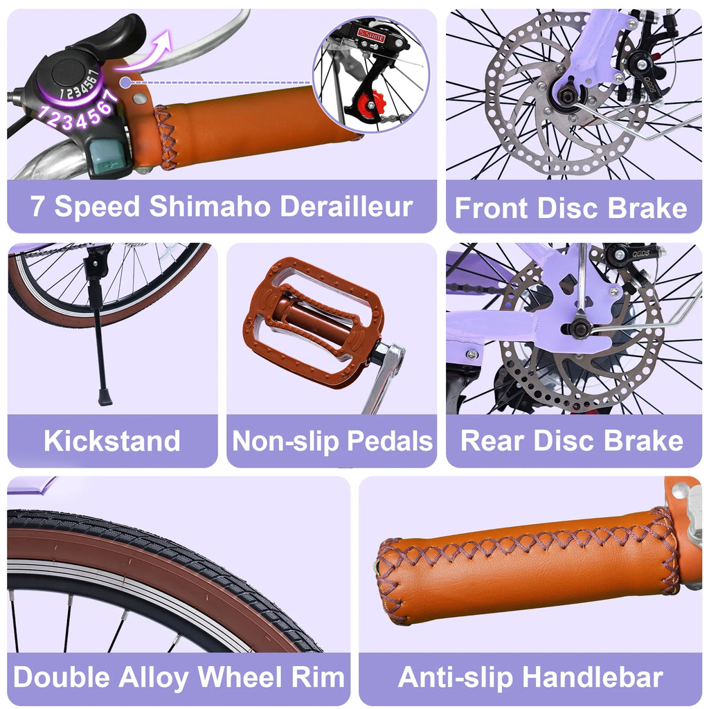26 Vélos de Plage pour Femme, Vélos Pipleo pour Femme avec Panier en Rotin, 7 Vitesses & Cadre Ouvert