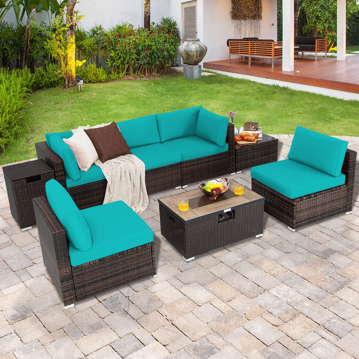 Costway Salon de Jardin en Rotin 8 Pièces avec Table Brasero et Couvercle Noir pour Terrasse