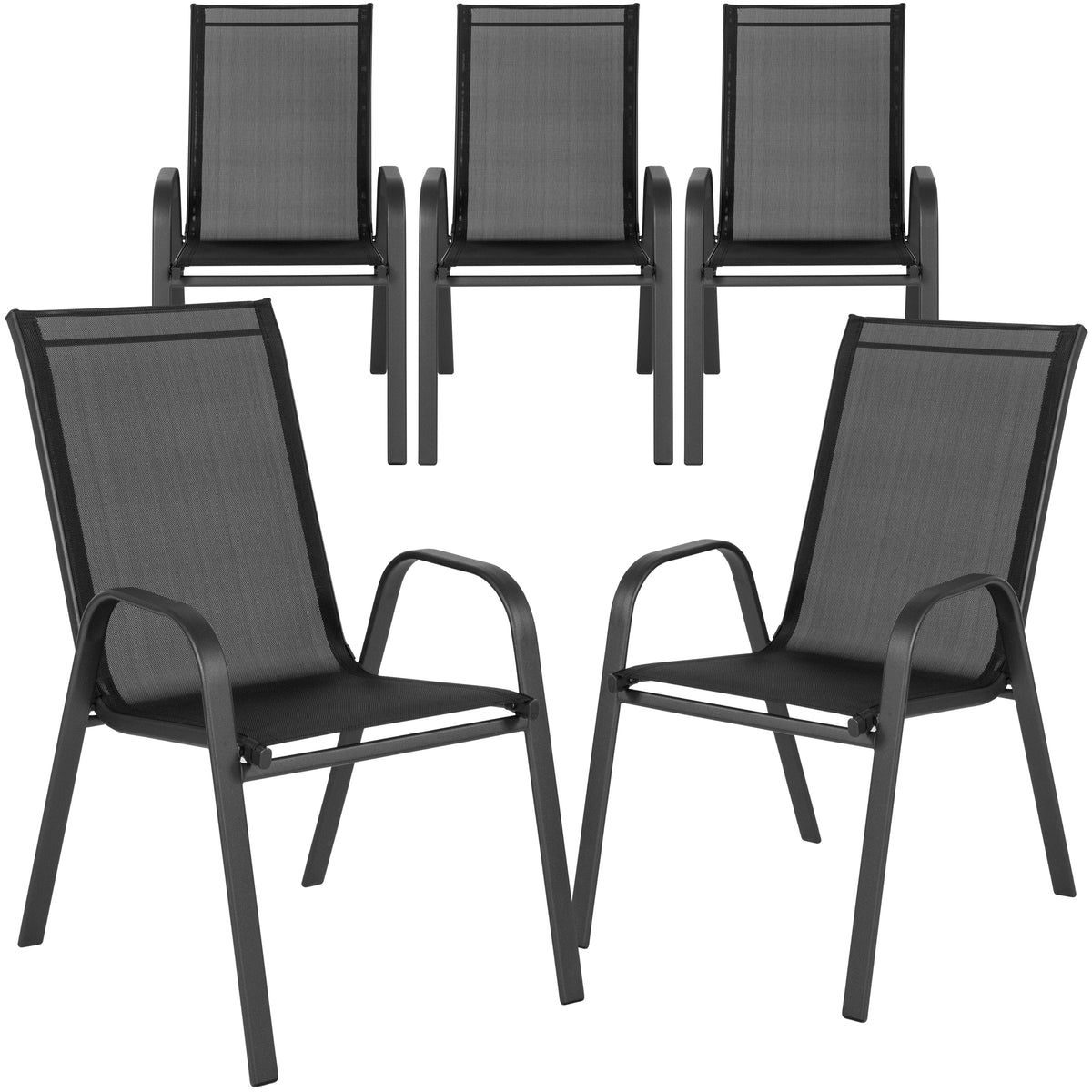 Lot de 5 chaises d’extérieur empilables BizChair noires avec matériau Flex Comfort et structure en métal