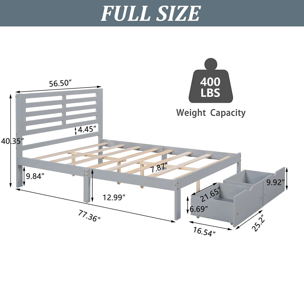 Cadre de lit plateforme avec rangement et tête de lit, cadre de lit double en bois de pin pour chambre, style moderne, avec tiroirs, lattes en bois, support jusqu’à 181 kg, sans sommier requis, gris