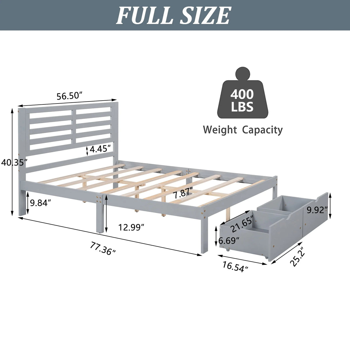 Cadre de lit plateforme avec rangement et tête de lit, cadre de lit double en bois de pin pour chambre, style moderne, avec tiroirs, lattes en bois, support jusqu’à 181 kg, sans sommier requis, gris