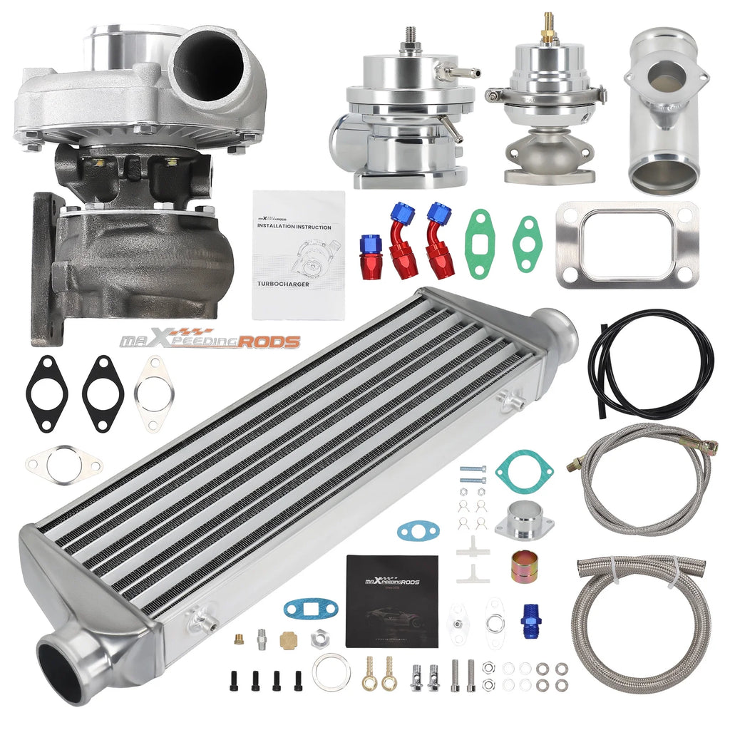 Maxpeedingrods T3 T4 T04E Kit universel turbo + vanne de décompression + intercooler + soupape de décompression + durites d'huile