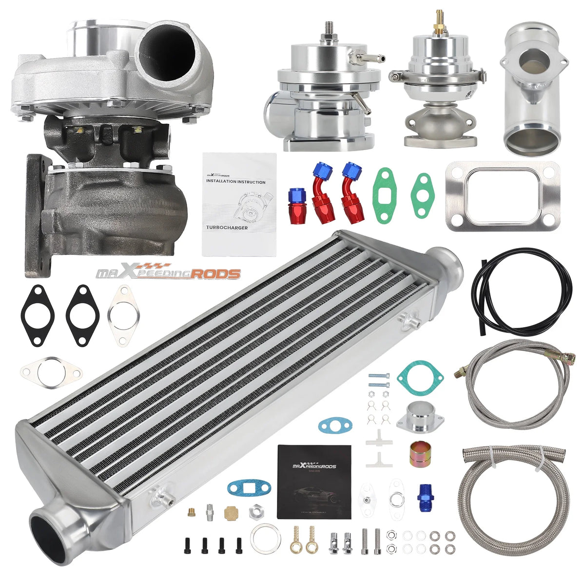 Maxpeedingrods T3 T4 T04E Kit universel turbo + vanne de décompression + intercooler + soupape de décompression + durites d'huile